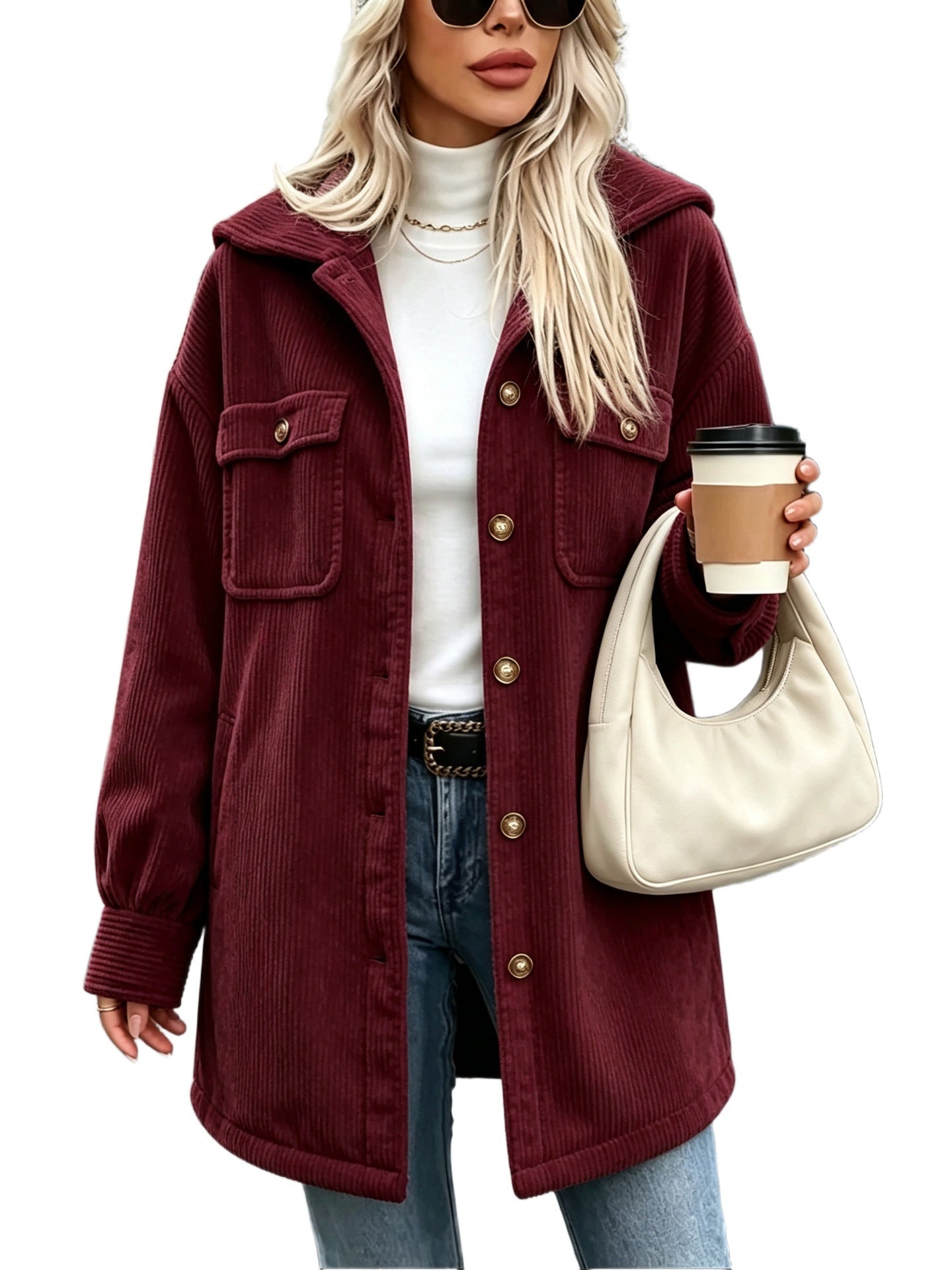 Women's cord jacket with hood, oversized and patch pockets Chichicherry