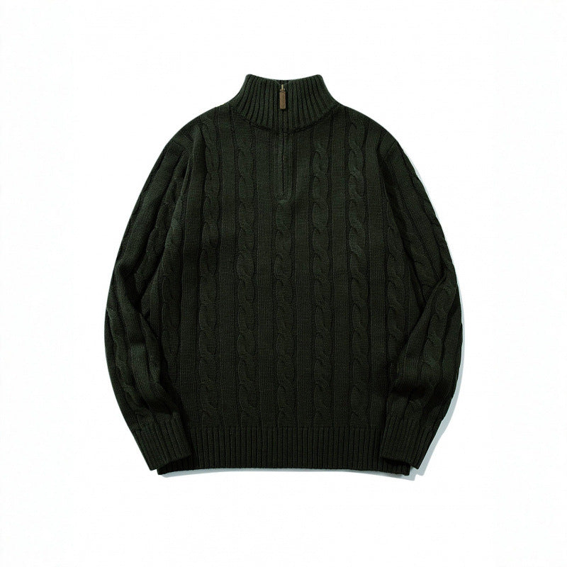 Unisex Coarse Knitted Half-Zip Cable Pattern Sweater with Stand-Up Collar and Ribbed Edges Chichicherry