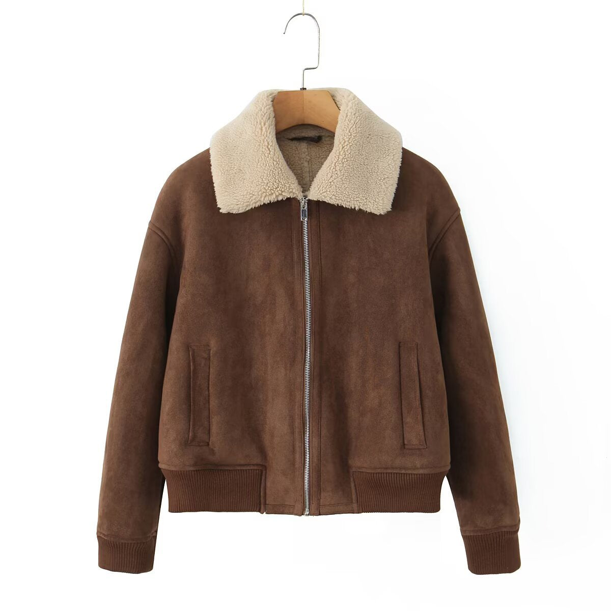 Women's Short Cut Teddy-Lined Suede Look Flight Jacket with Zipper Chichicherry