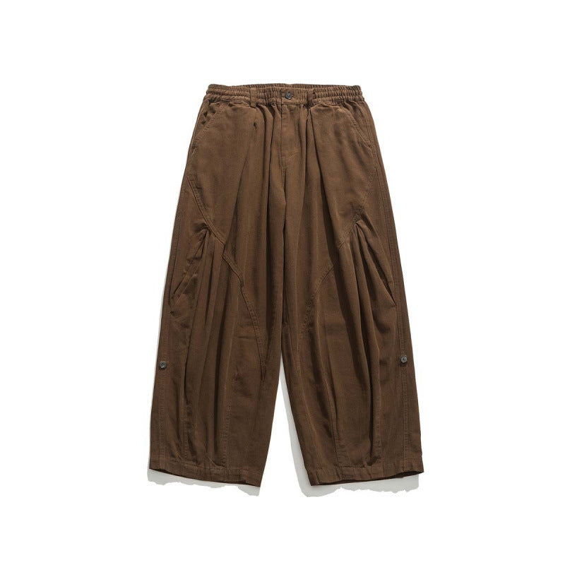 Men's Wide Cropped Canvas Pants in Utility Look with Elastic Waistband and Distinctive Pleats Chichicherry