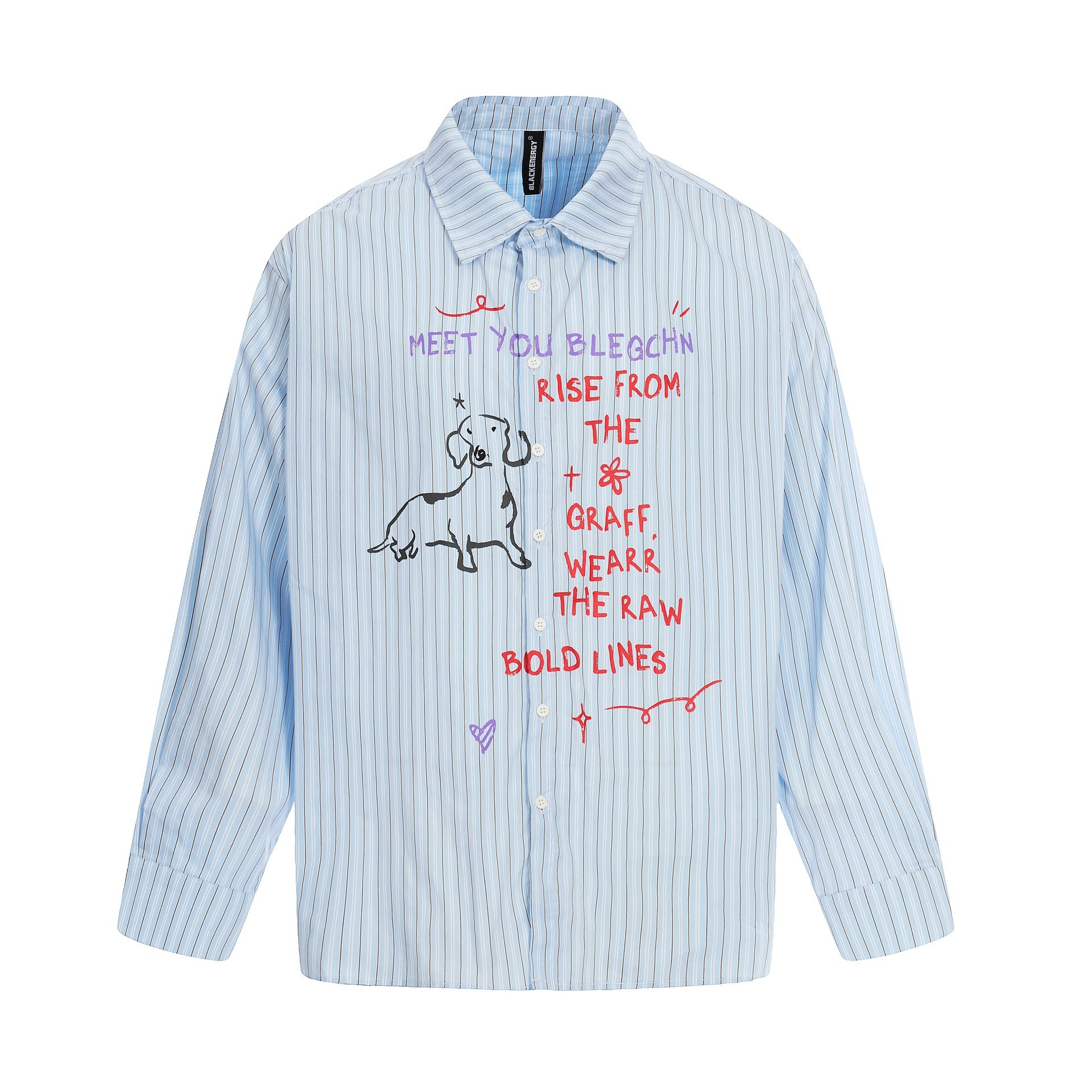 Women's Oversize Shirt Blouse with Striped Texture and Hand-Drawn Graphic Print Chichicherry