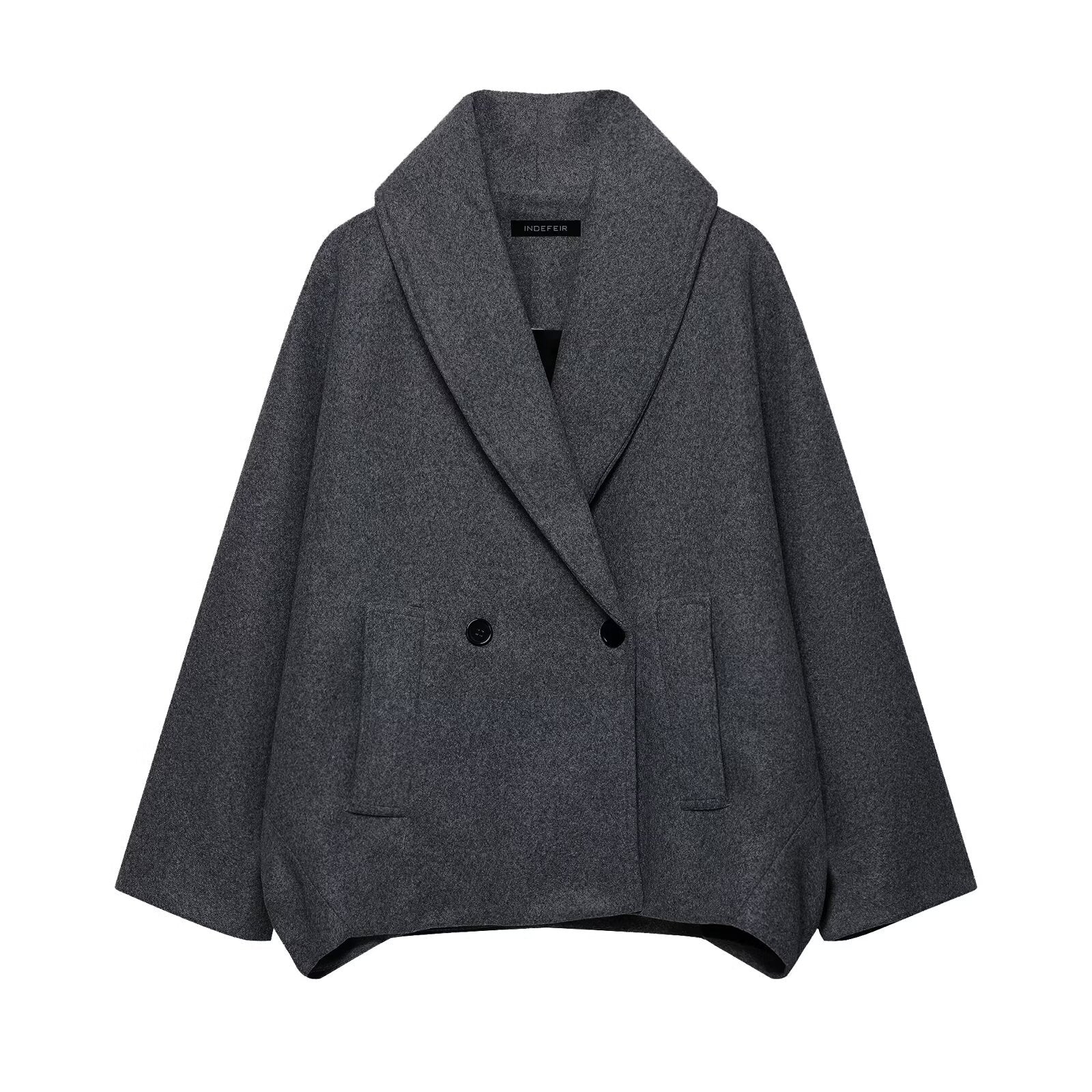 Women Boxy Wool Blend Cape Coat with Wide Shawl Collar and Double Button Placket Chichicherry