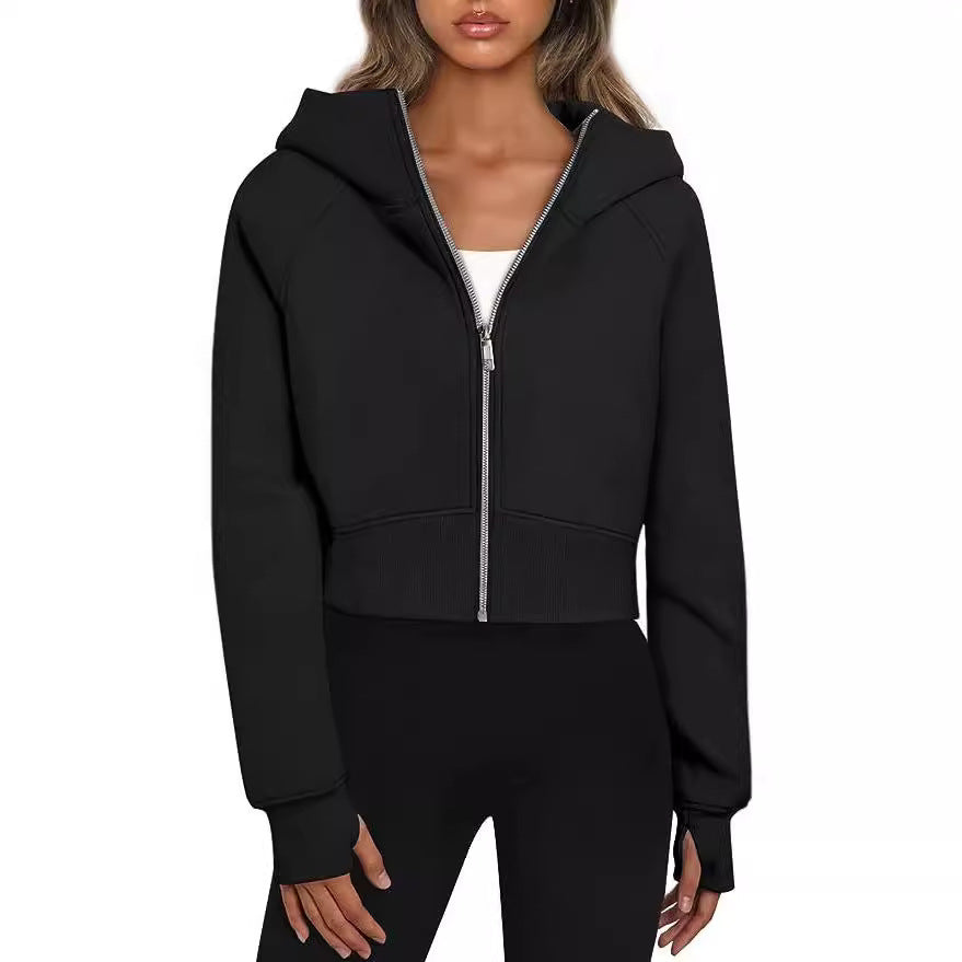 Damen Kurz geschnittener Performance-Kapuzenpullover mit durchgehendem Reißverschluss und Daumenlochbündchen Chichicherry