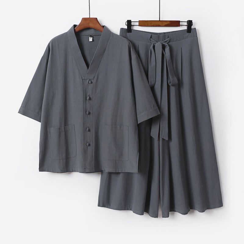 Women Two-Piece Kimono Lounge Set with Short Sleeve Button Jacket, Patch Pockets and Wide Palazzo Pants Chichicherry