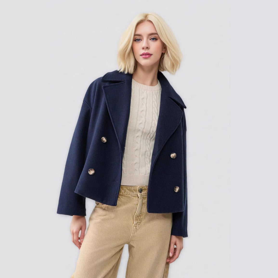 Women's Short Double-Breasted Wool Blend Coat with Oversized Lapels Chichicherry