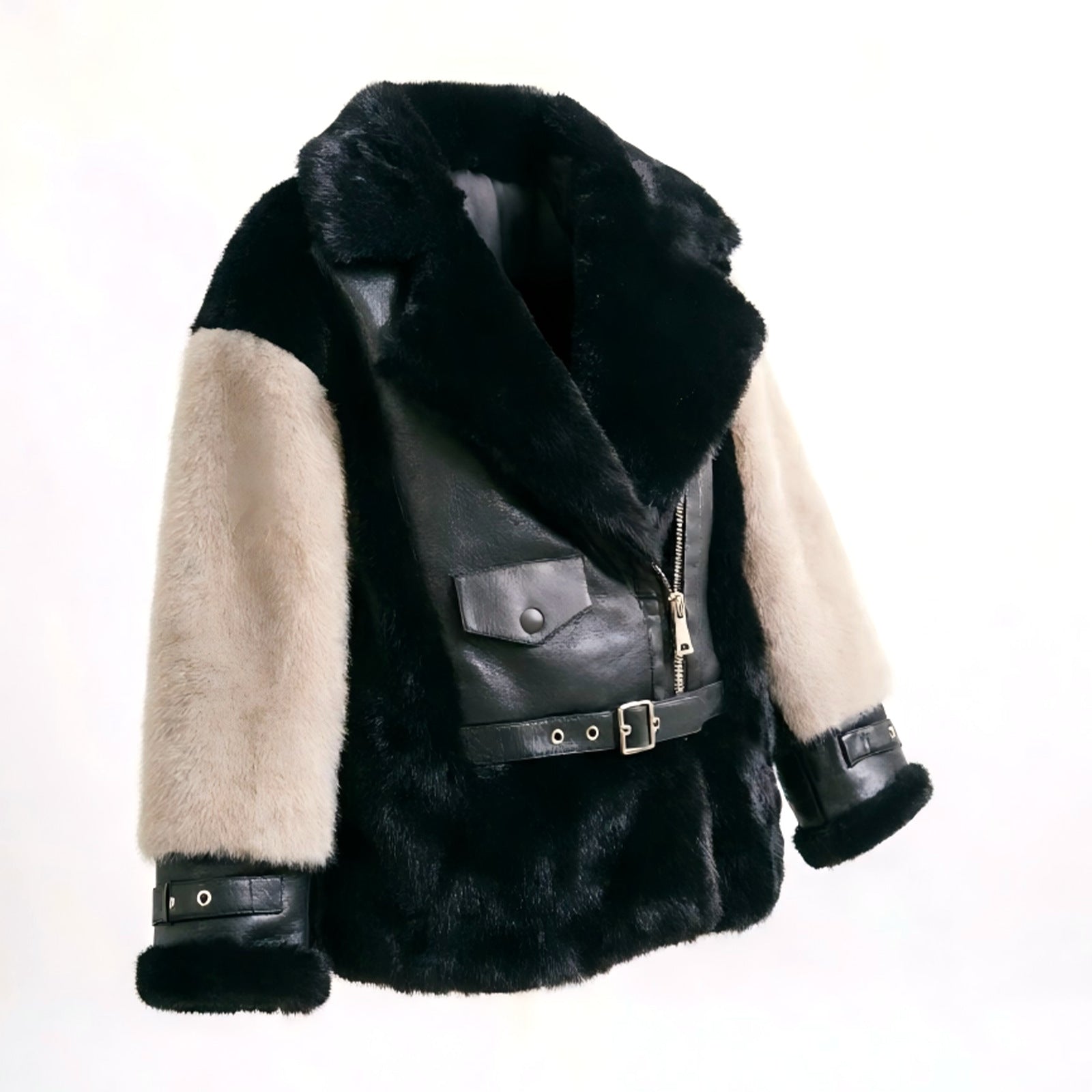 Women's short jacket in aviator style made of faux sheepskin with contrast sleeves Chichicherry