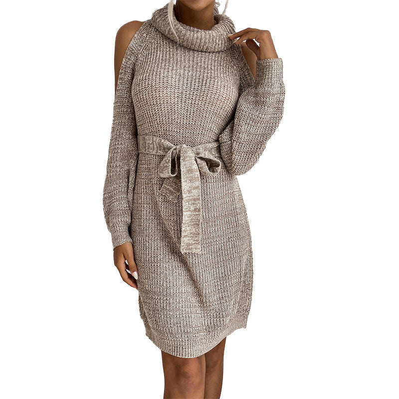 Women's knitted tunic dress with roll neck, cut-out shoulders, and tie belt Chichicherry