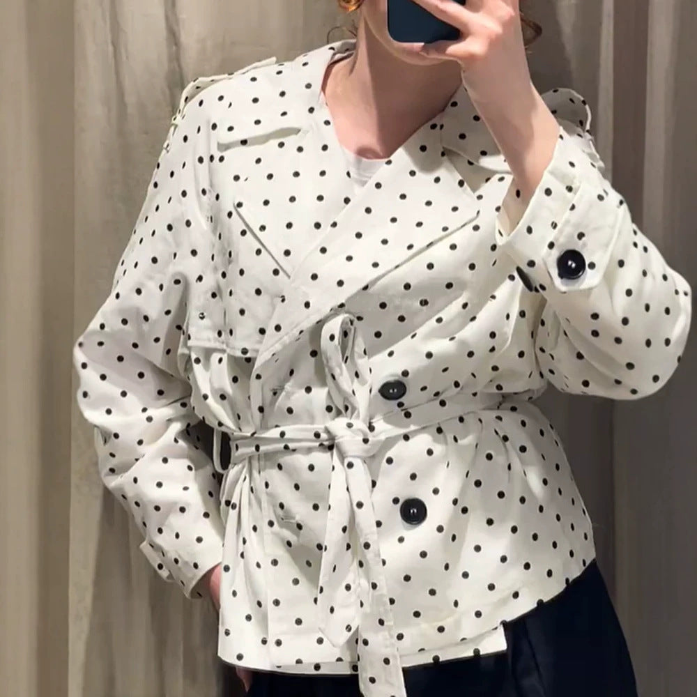 Women’s short trench coat with double breasted front, belt at the waist and polka dot print Chichicherry