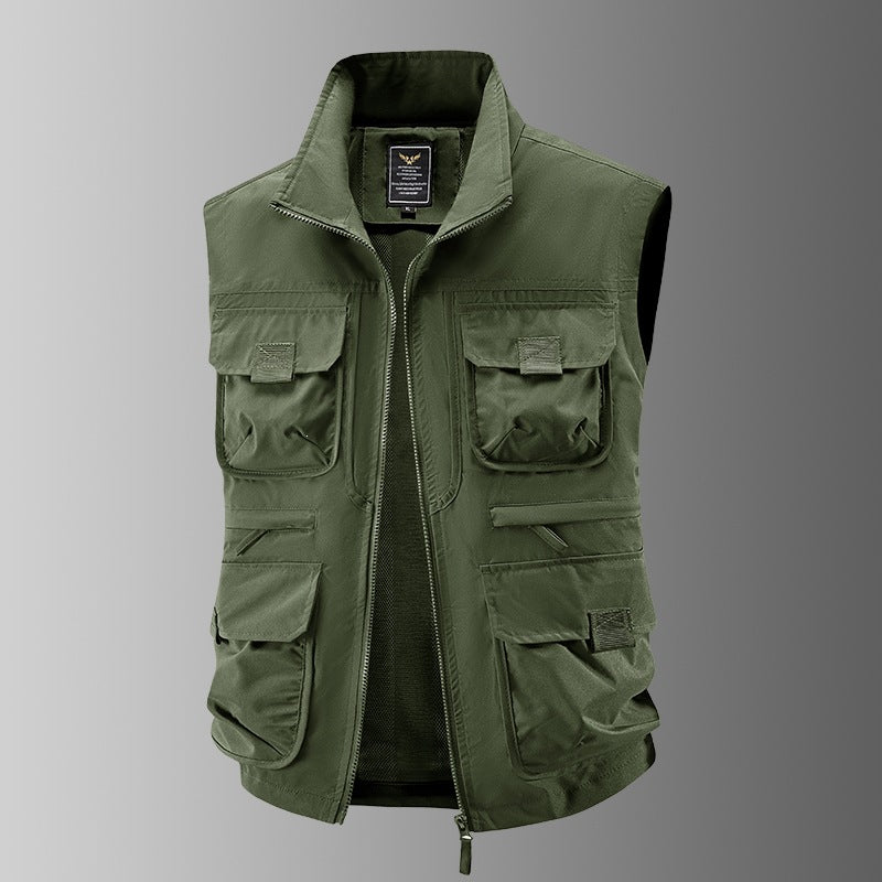 Men's Multi-pocket Utility Vest with High Collar, Zipper and Mesh Lining Chichicherry