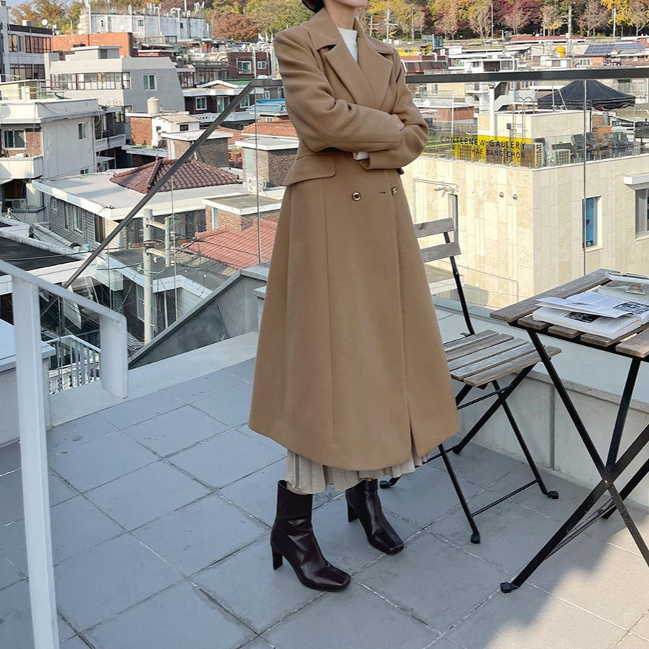 Women's Mid-length tailored A-line wool blend coat with flared skirt and golden decorative buttons Chichicherry