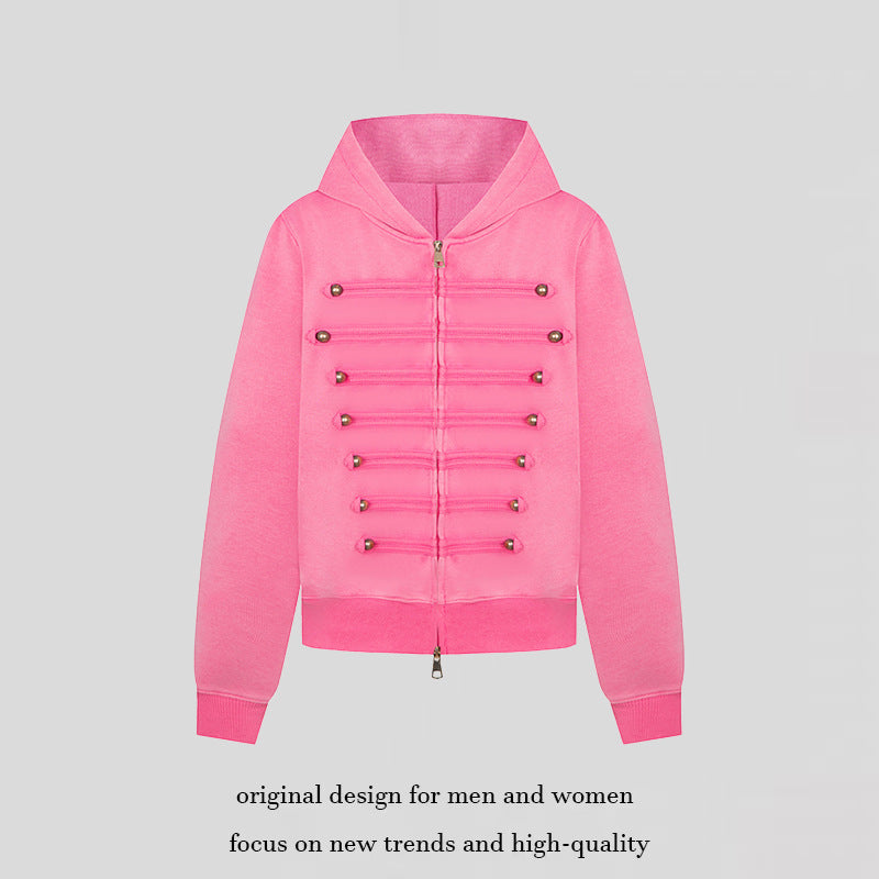Ladies hooded sweat jacket in military style with decorative cords and metal buttons Chichicherry