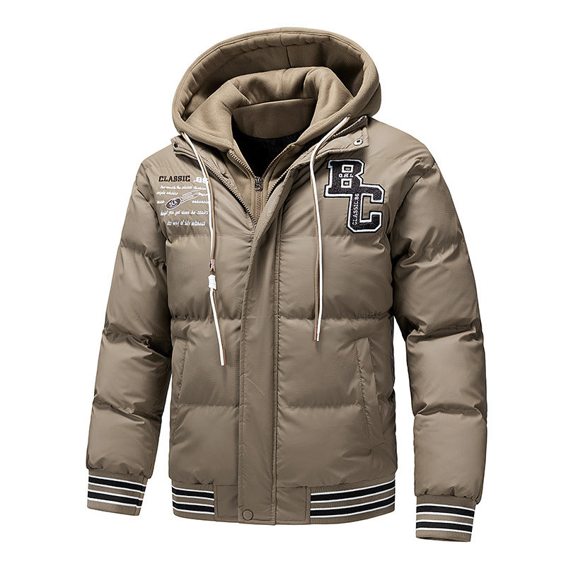 Men's Padded Quilted Jacket with Hoodie Insert and College Patches Chichicherry