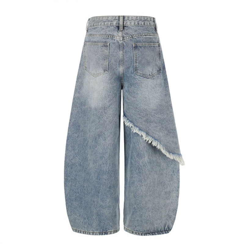 Women's high-waist wide palazzo jeans with asymmetric fringe detail and rhinestone application Chichicherry