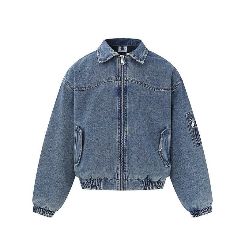 Unisex Boxy Denim Jacket with Full Zip, Elastic Hem and Sleeve Utility Pocket Chichicherry