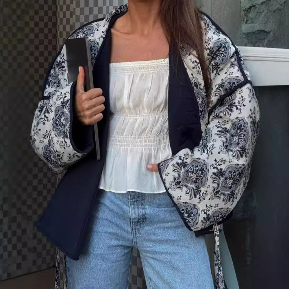 Women Quilted Kimono Jacket with Ornamental Jacquard Look and Contrasting Piping Chichicherry