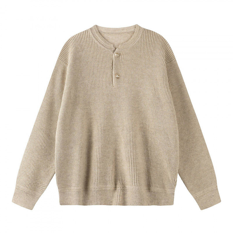 Unisex Boxy knit sweater with Henley neckline and textured waffle knit look Chichicherry