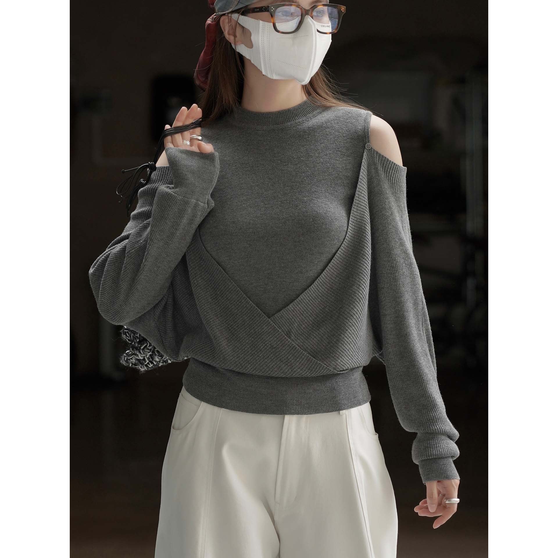 Women's Off-the-Shoulder Fine Knit Sweater with Asymmetrical Wrap Detail Chichicherry