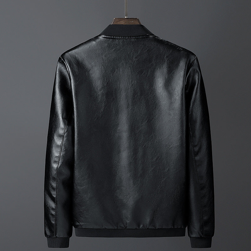 Men's smooth leather look bomber jacket with stand-up collar, zippered pockets, and elastic cuffs Chichicherry