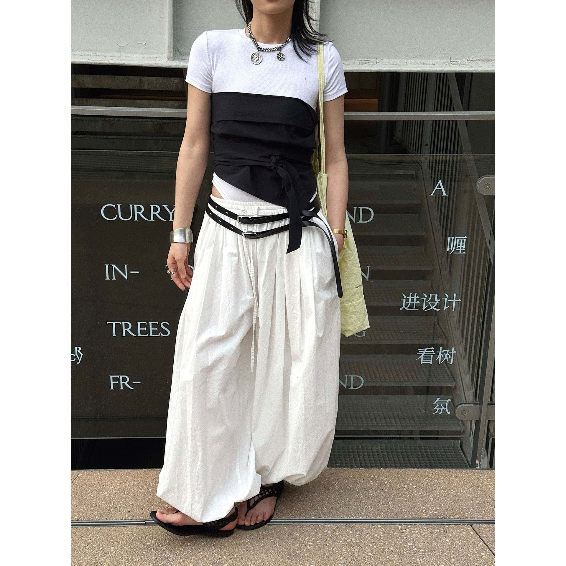 Women Wide Balloon Culotte with High Elastic Waistband and Crinkled Linen Look Chichicherry