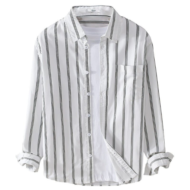 Men's Lightweight Cotton Shirt in Relaxed Fit with Vertical Contrast Stripes and Chest Pocket Chichicherry