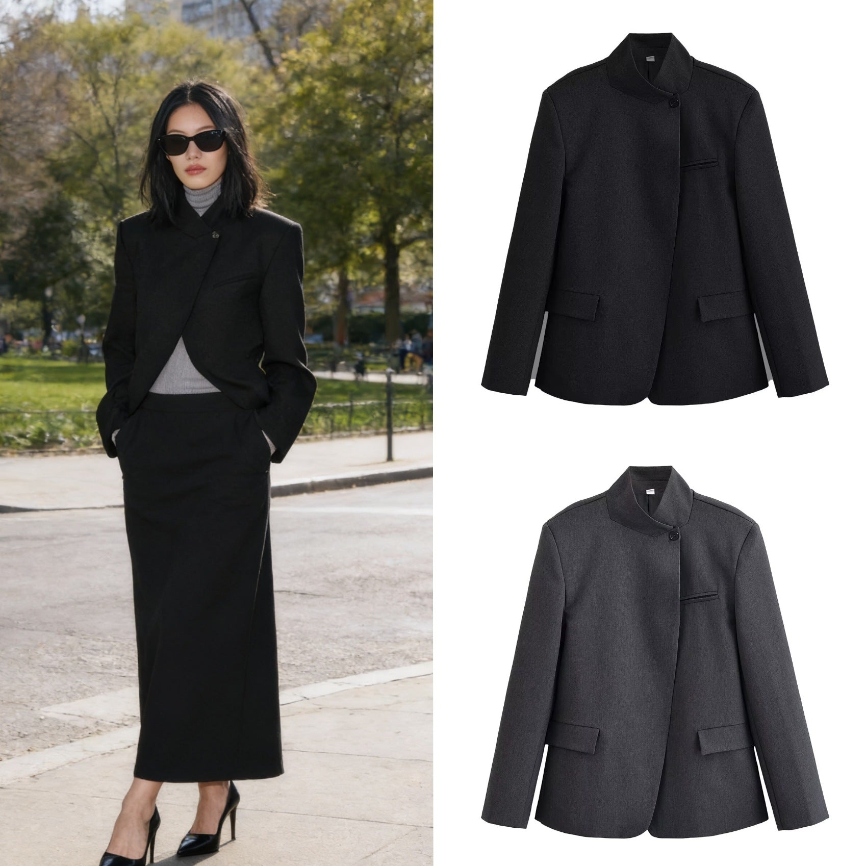 Women's structured short blazer in a minimal style with stand-up collar and concealed button placket Chichicherry