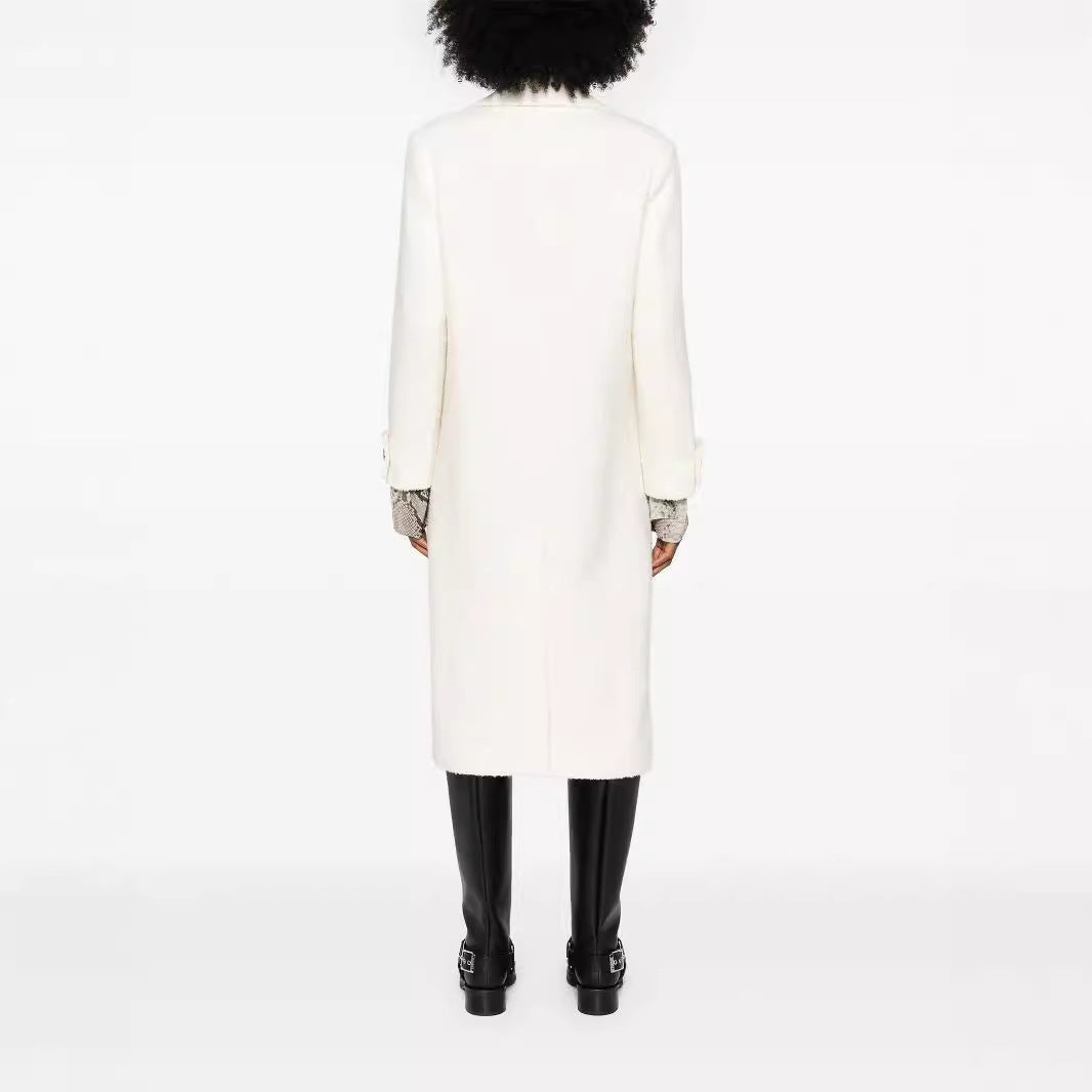 Women's Straight Cut Midi Wool Coat with Oversized Lapels and Concealed Button Placket Chichicherry