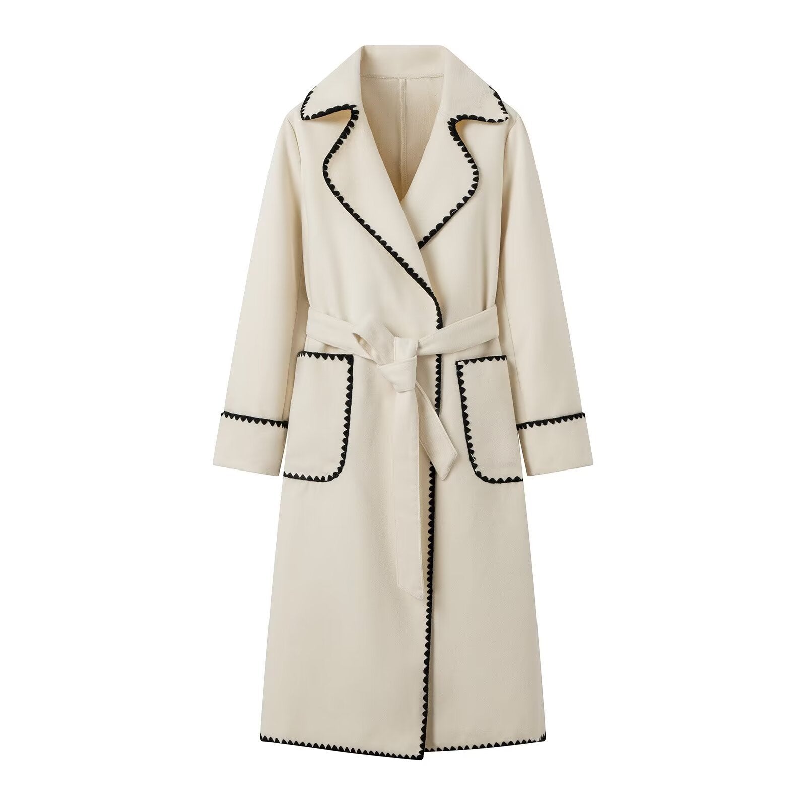 Women's Midi-Length Wool Blend Coat with Tie Belt and Zigzag Trim Chichicherry