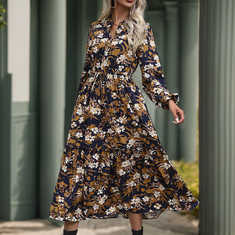 Women Long-Sleeved Midi Dress with Tie Belt, Tiered Hem and Side Slit Chichicherry