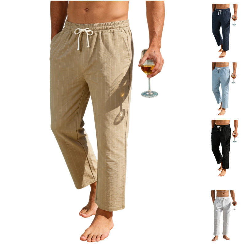 Men's Relaxed Pinstripe Casual Pants with Elastic Waistband and Drawstring Chichicherry