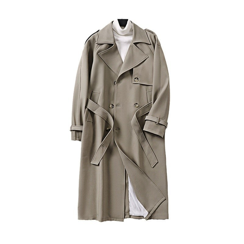 Men's Long Minimalist Trench Coat with Storm Flap, Waist Belt, and Adjustable Cuffs Chichicherry
