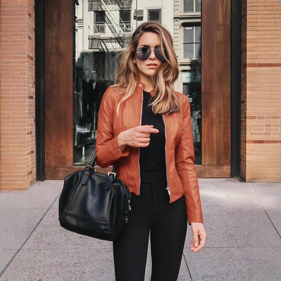 Ladies fitted faux leather biker jacket with stand-up collar and decorative seams Chichicherry