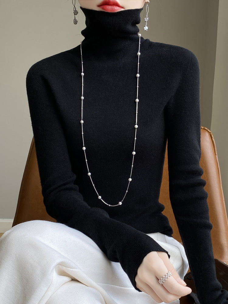 Women's Narrow Turtleneck Fine Knit Sweater with Elastic Rib Structure and Minimalist Silhouette Chichicherry
