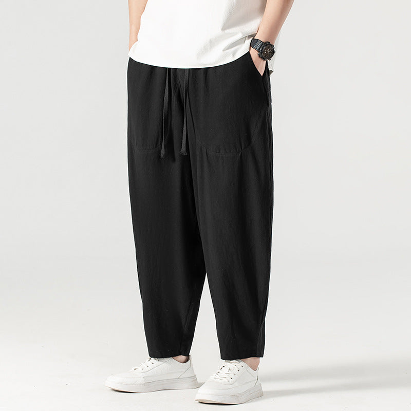Men's Casual Linen-Cotton Pants with Wide Leg, Drawstring, and Patch Pockets Chichicherry