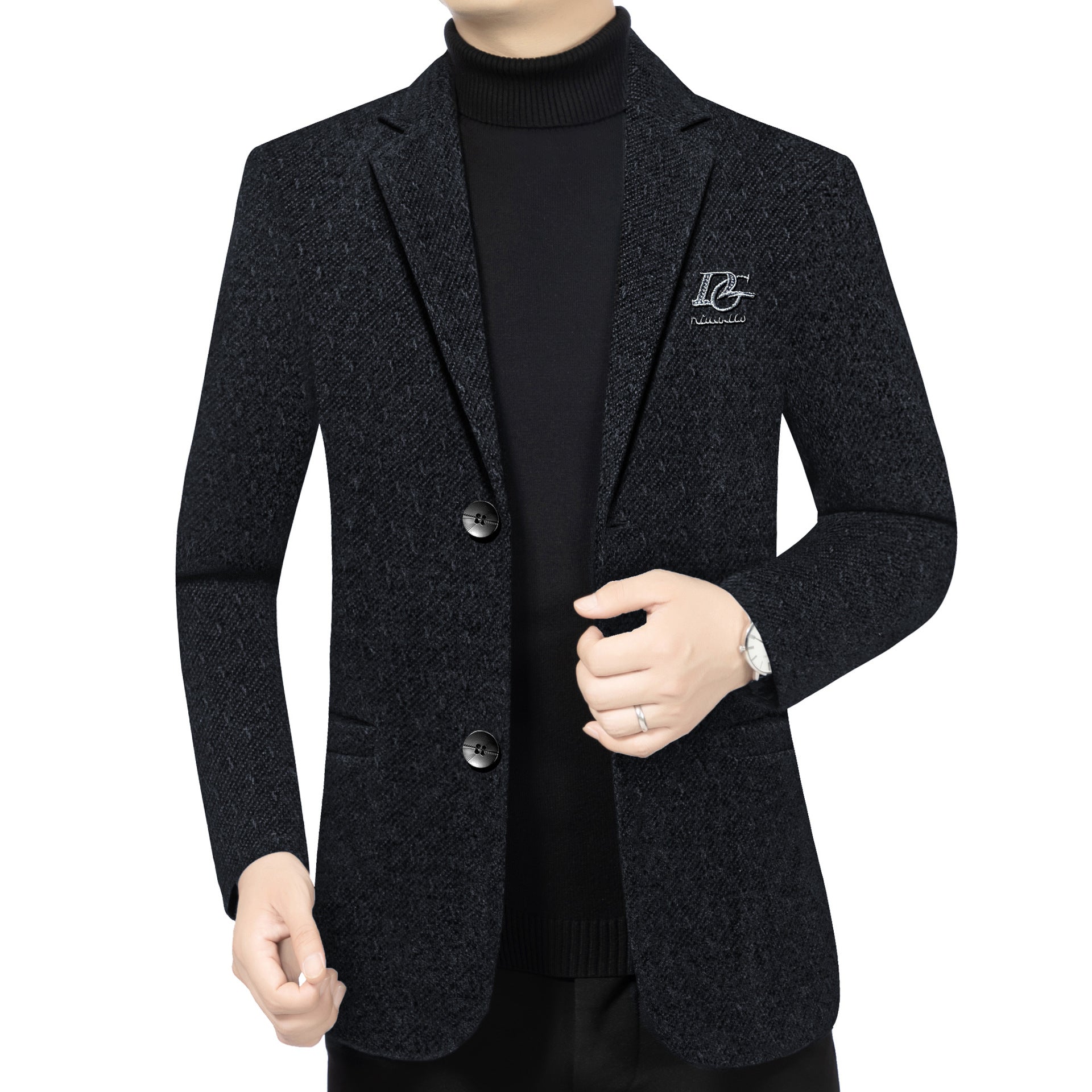 Men's Tailored Wool Blend Blazer in Structured Look with Lapels, Logo Stitch and Two-Button Front Chichicherry