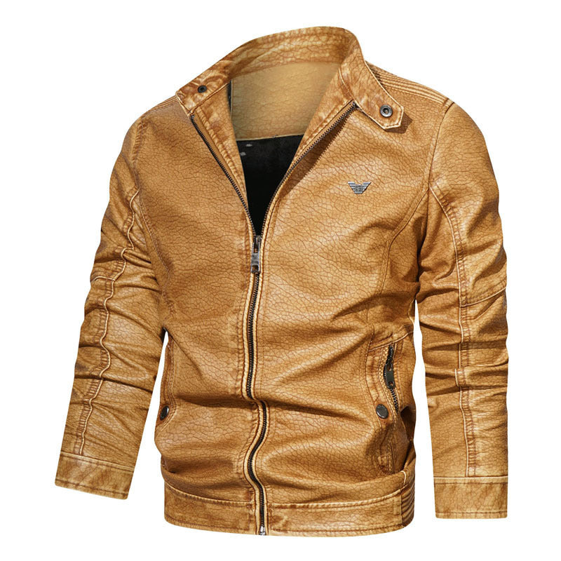 Men's washed synthetic leather pilot bomber jacket with textured surface and ergonomic sleeve seams Chichicherry