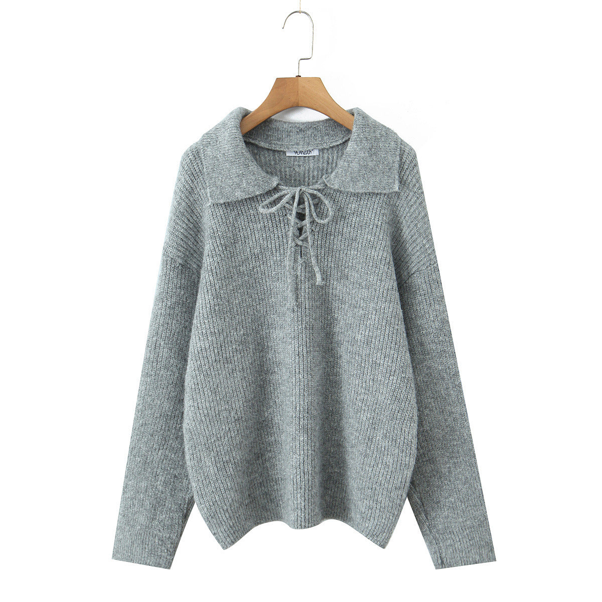 Women Cozy Knit Sweater with Wide Polo Collar and Drawstring Chichicherry