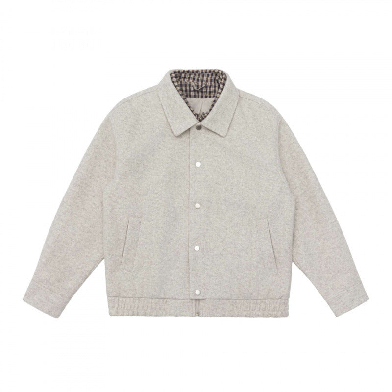Men's short-cut wool blend field jacket with plaid inner lining and snap button placket Chichicherry