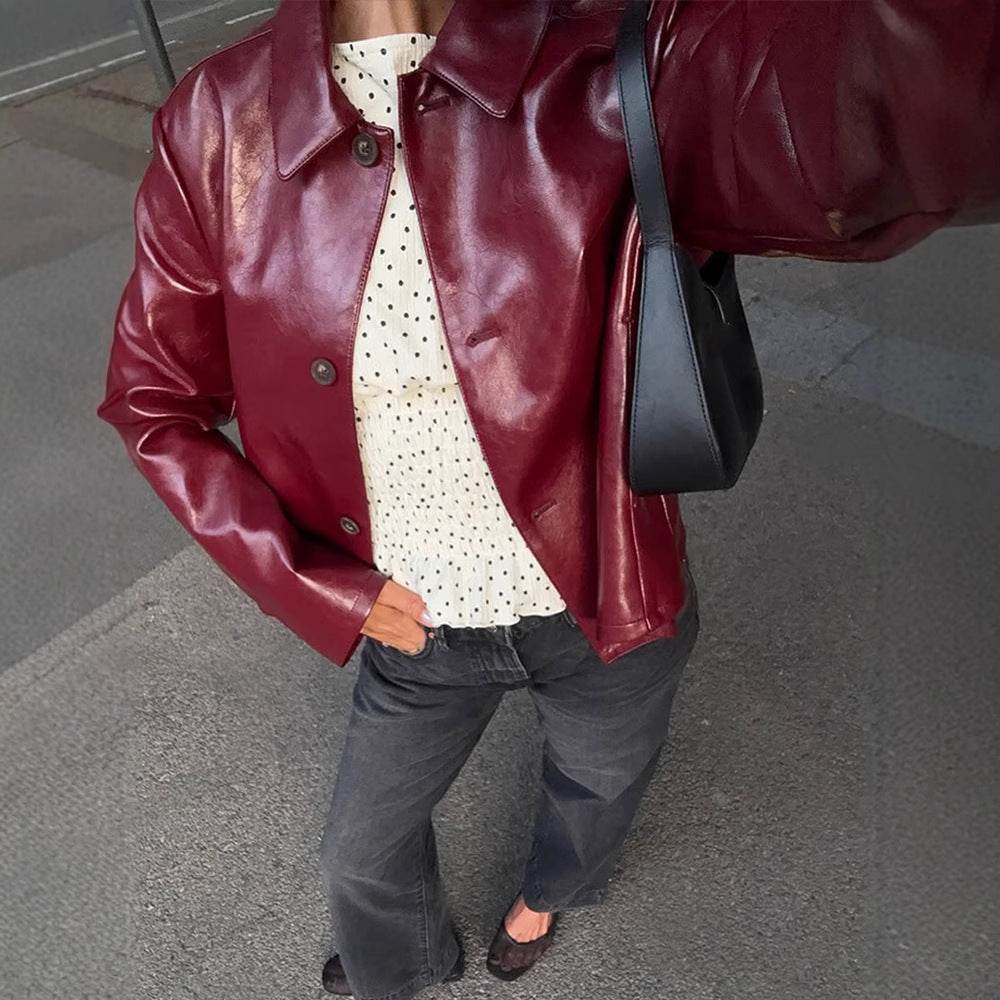 Women's Boxy Faux Leather Jacket with Shirt Collar and Straight Cropped Cut Chichicherry