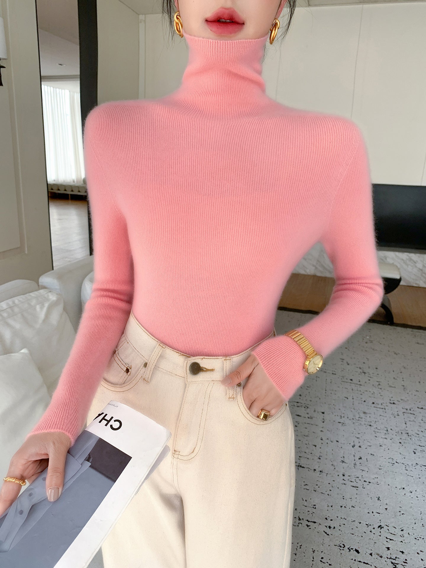 Women's Slim Fine Knit Sweater with High Turtleneck and Fine Rib Structure Chichicherry
