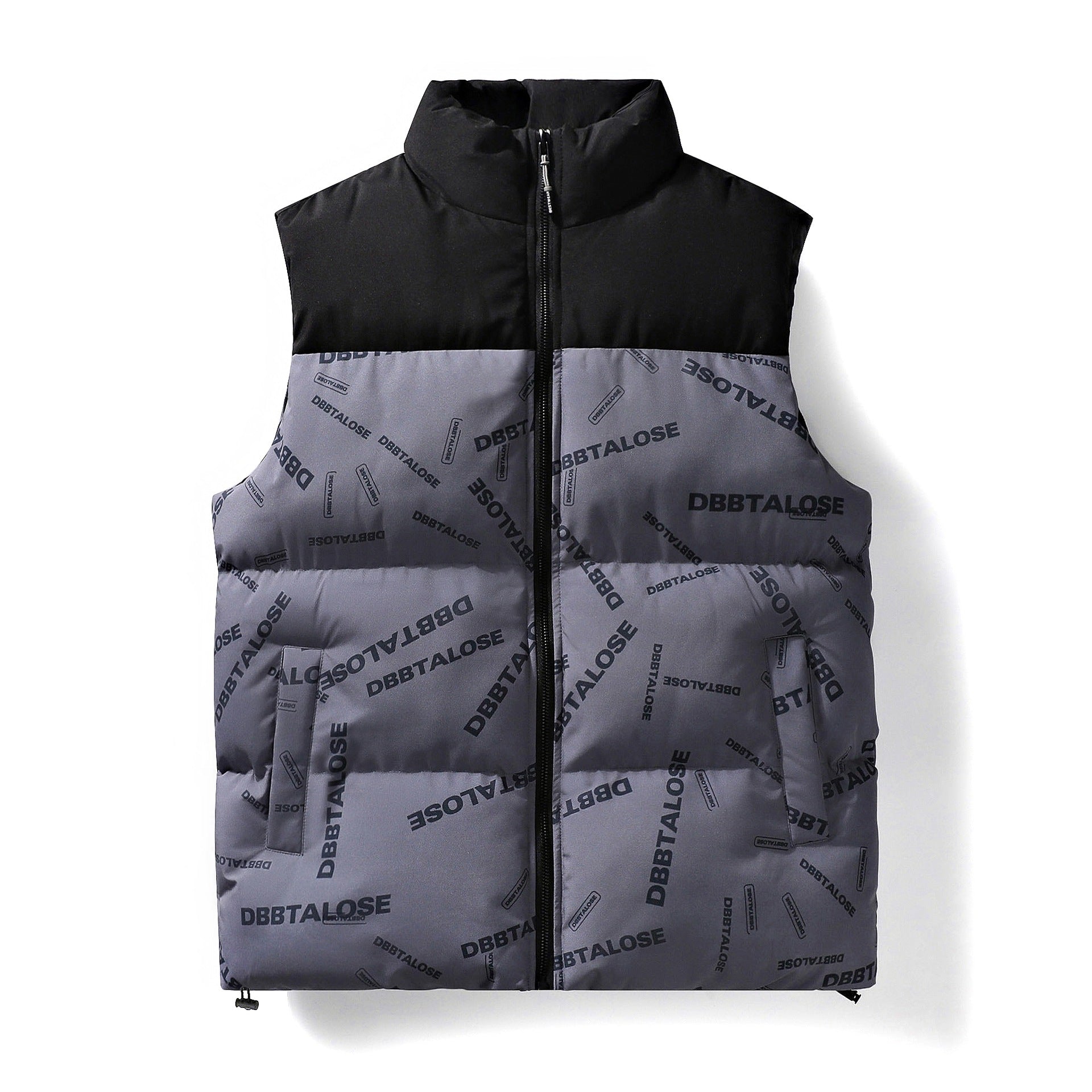 Men's Padded Quilted Vest with High Collar Allover Logo Print & Drawstring Hem Chichicherry