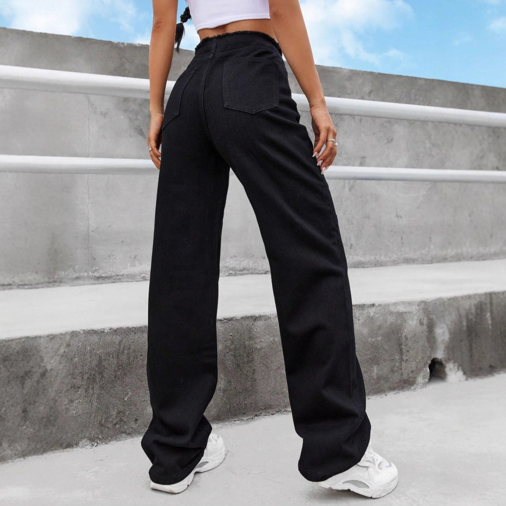 Women's High-Waisted Wide-Leg Jeans with Visible Front Zip, Knee Darts and Raw Hem Chichicherry