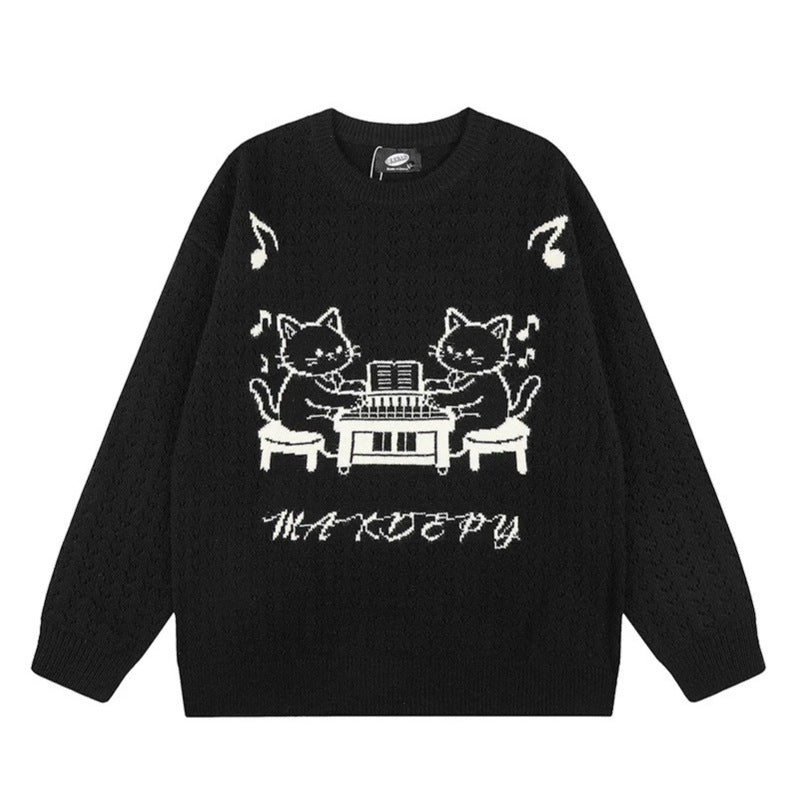 Women's Oversize Knit Sweater with Jacquard Cat Motif and Musical Design Chichicherry