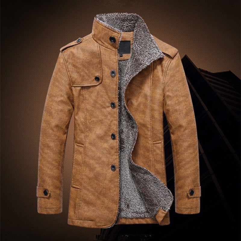 Men's Textured Faux Leather Midlayer Jacket with Teddy Fleece Lining, Stand Collar and Shoulder Patches Chichicherry