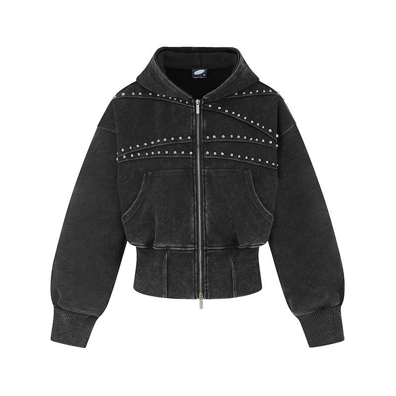 Women's short-cut zip hoodie with metallic stud detailing and wide ribbed hem Chichicherry