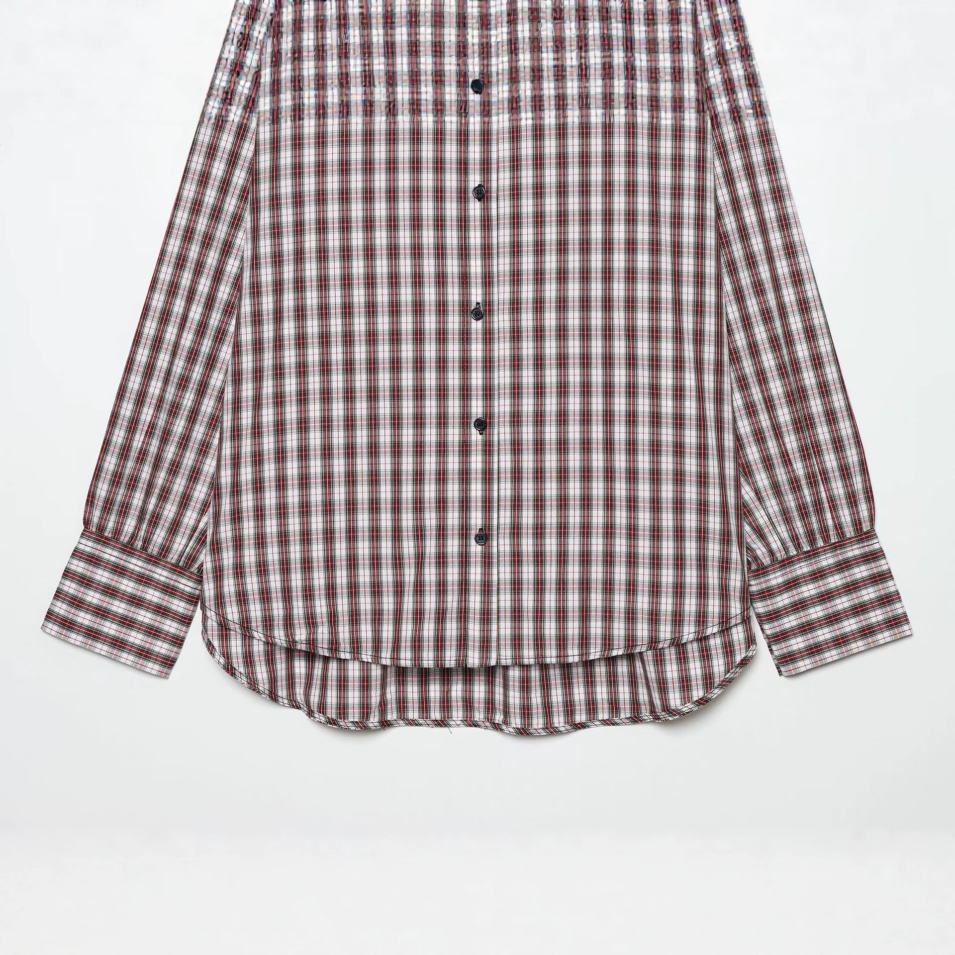 Women's Plus Size Checkered Shirt with Collar and Round Hem