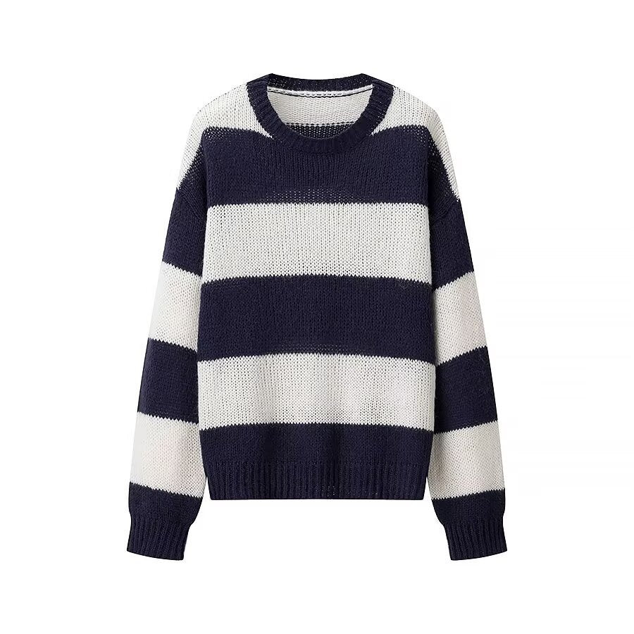 Women’s oversized knitted sweater with wide block stripes and round neck Chichicherry