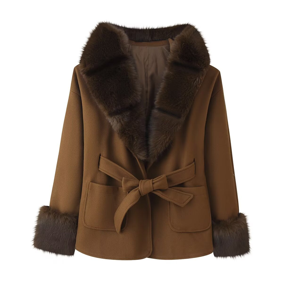 Women's Short Wool Blend Coat with Faux Fur Collar, Waist Belt and Patch Pockets Chichicherry