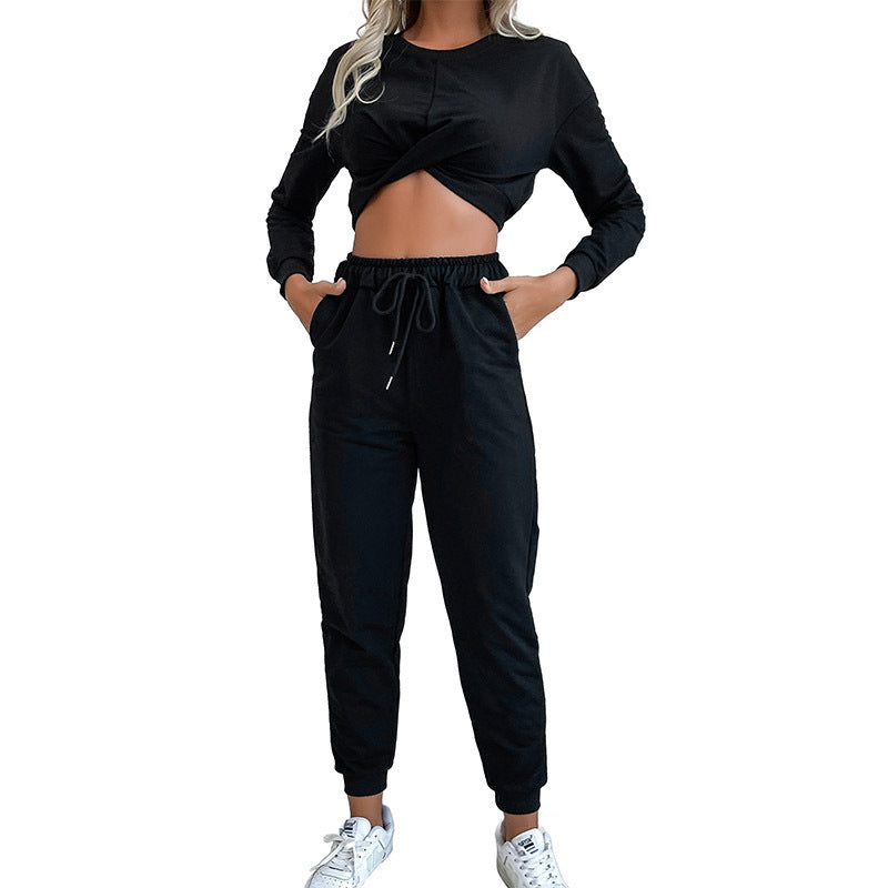 Women's Cropped Loungewear Set with Twist Top and High-Waisted Jogging Pants Chichicherry