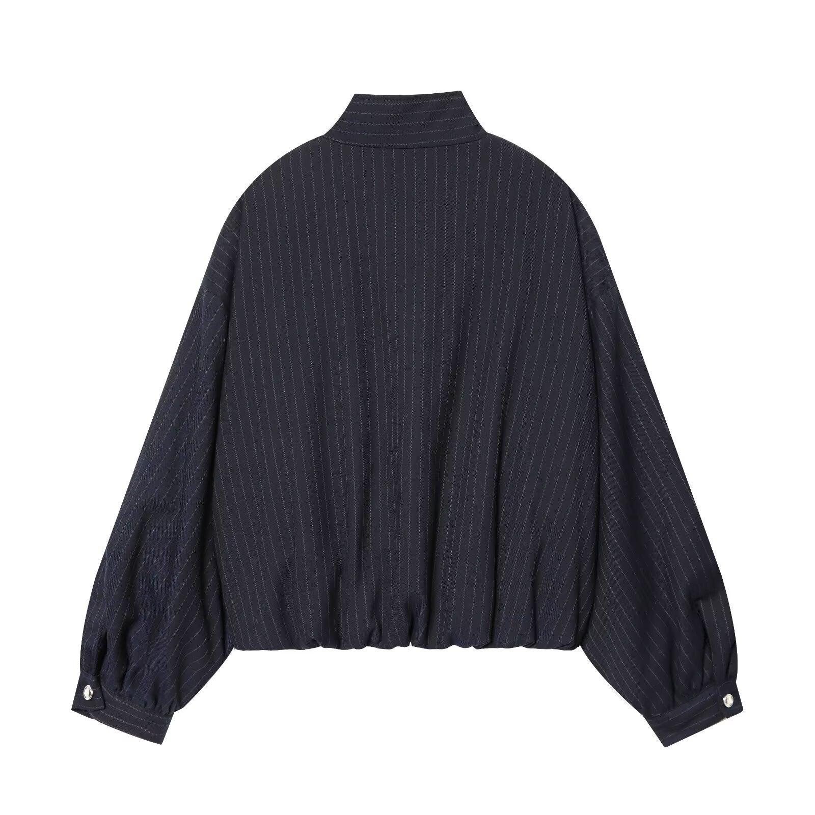 Ladies Short Pinstripe Blouson Jacket with Stand Collar, Balloon Sleeves and Elastic Hem Chichicherry