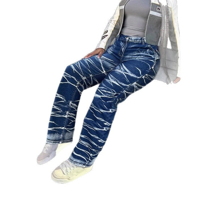 Ladies High-Waist Straight Jeans with bleached Wave pattern and Relaxed fit Chichicherry